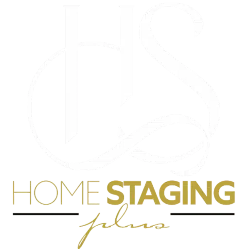 The logo for "HOME STAGING plus" on a transparent background. A large, elegant dark blue serif "HS" monogram with slightly overlapping letters sits at the top. Below it, "HOME" appears in a thin light gold sans-serif font, with "STAGING" beneath it in a bolder dark gold sans-serif font, both underscored by thin black lines. The word "plus" in a flowing handwritten gold script finishes the logo underneath.